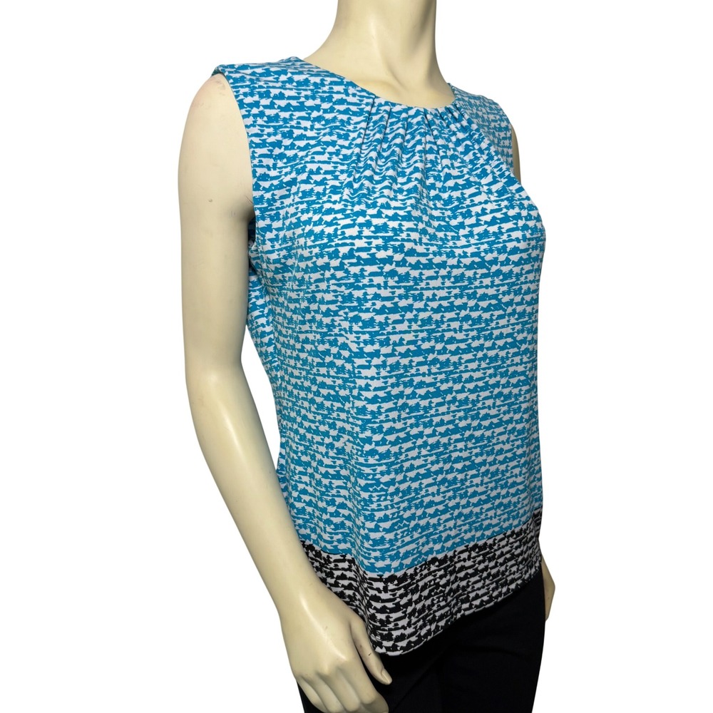 Calvin Klein Womens Teal White Abstract Print Pleated Neck Sleeveless Blouse L - Picture 2 of 10